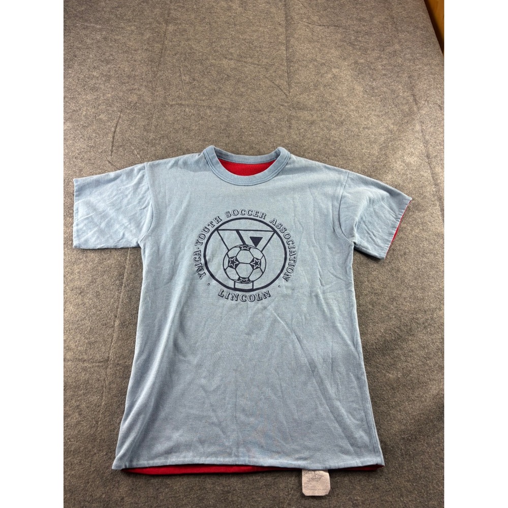 Vintage YMCA Youth Soccer Association Lincoln Reversible T-Shirt Blue Red SEE